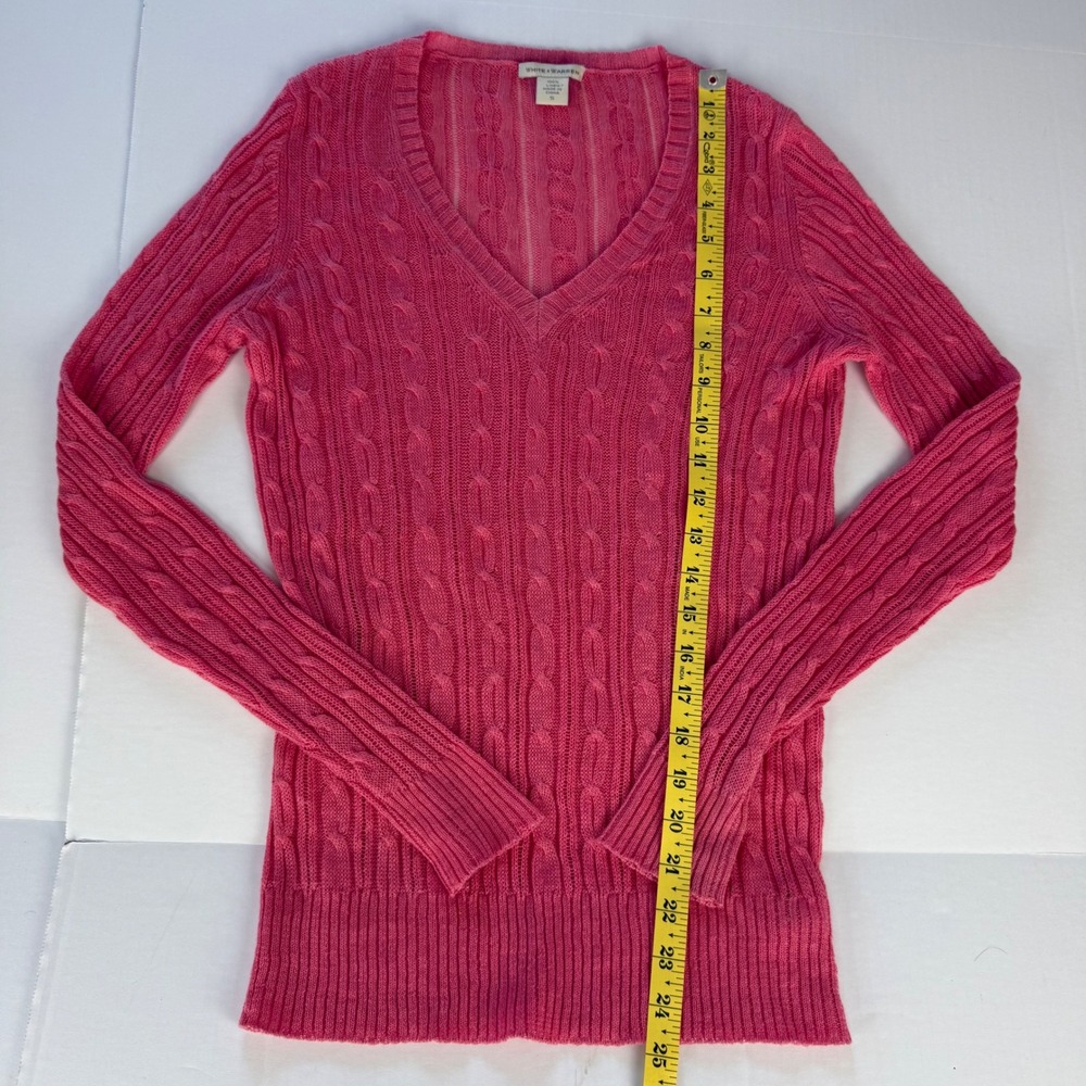 White + Warren Pink 100% Linen Cable Knit V-Neck Sweater Womens Small - Picture 5 of 6